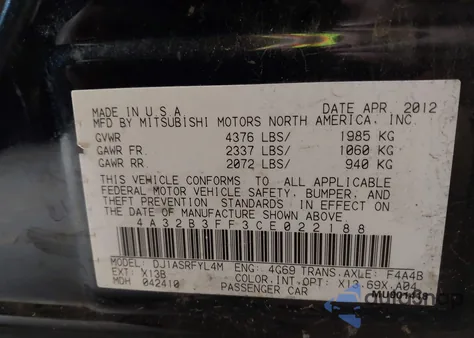 2012 Mitsubishi Galant Es/Se z USA, uszkodzony, nr VIN 4A32B3FF3CE022188